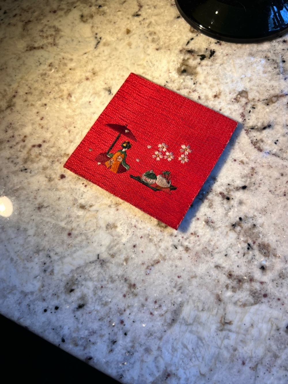 Vintage Red Embroidered Silk Coaster (one)